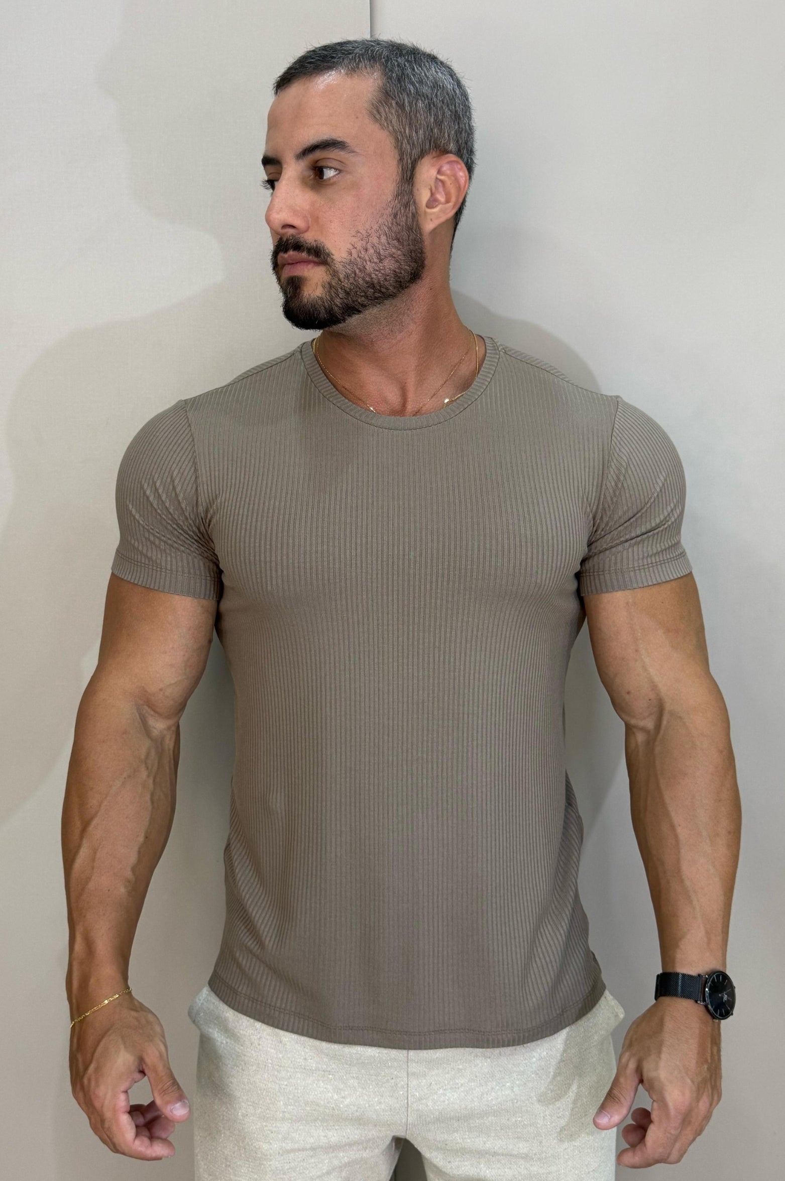 Camisa Class Canelada Slim Fit Castor - Up