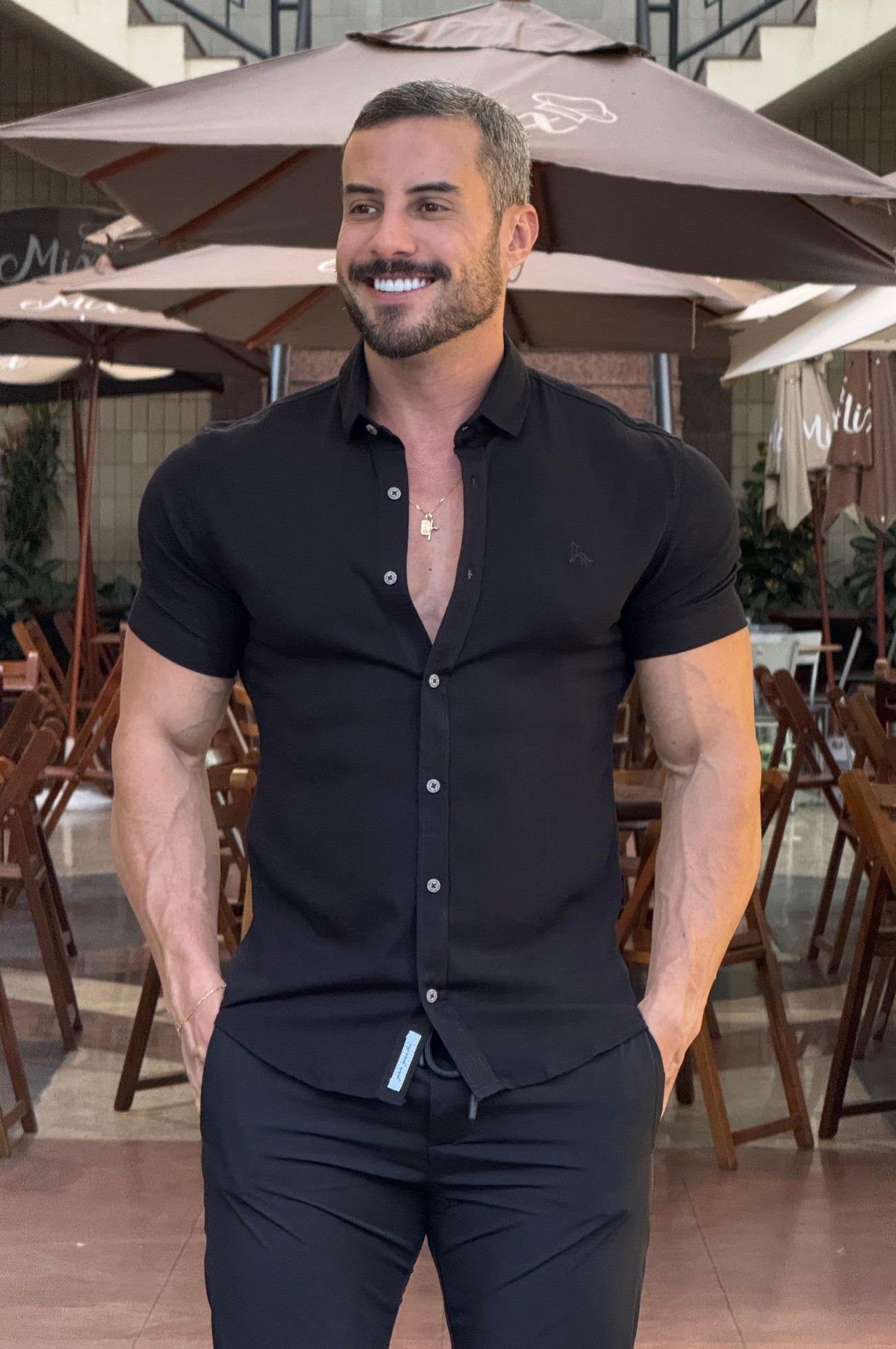 Camisa Resort Slim Fit Gola Italiana Elastano Manga Curta - Up