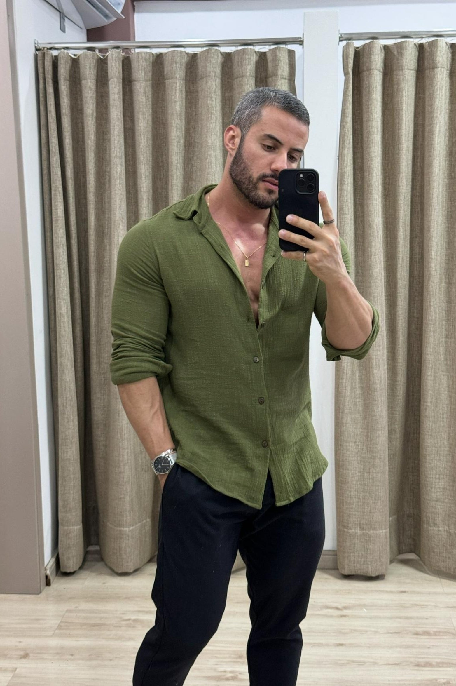 Camisa Algodão Rústico Verde Militar Manga Longa - Up
