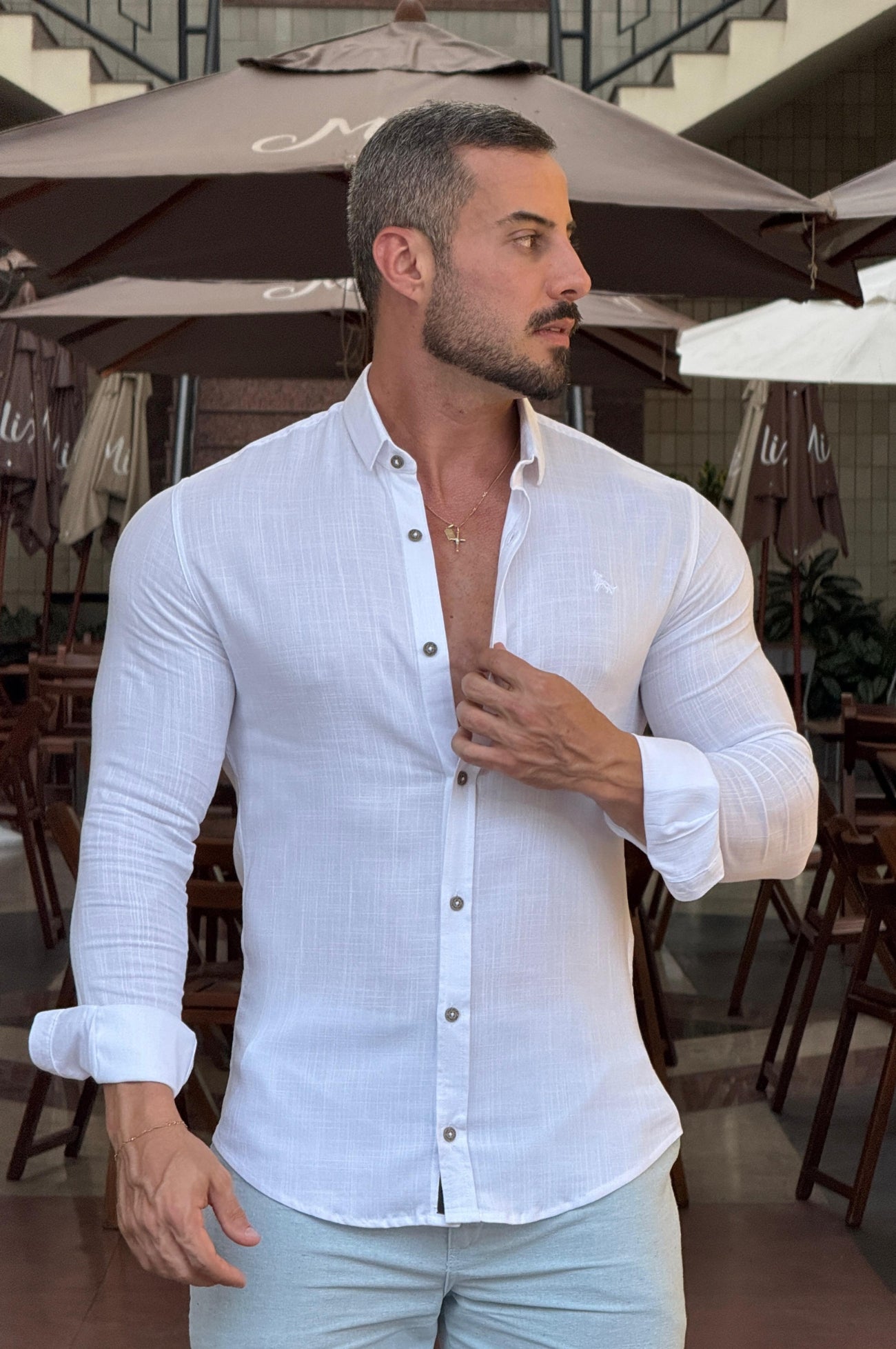 Camisa Resort Slim Fit Gola Italiana Elastano Manga Longa - Up