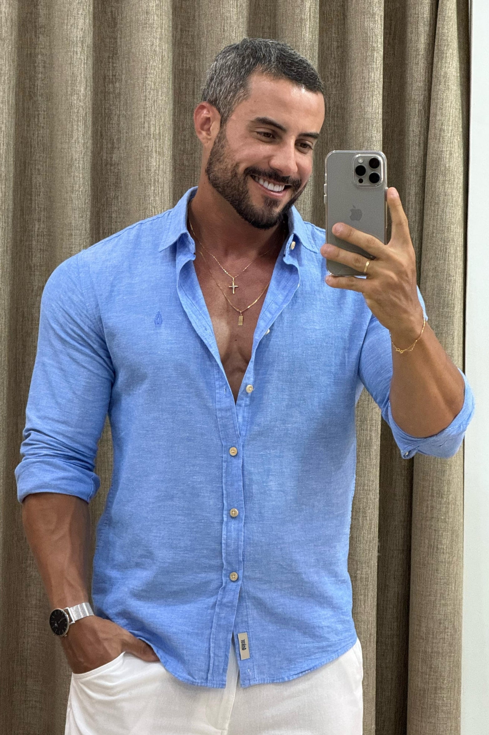 Camisa 100% Puro Linho Azul Claro Manga Longa - Up