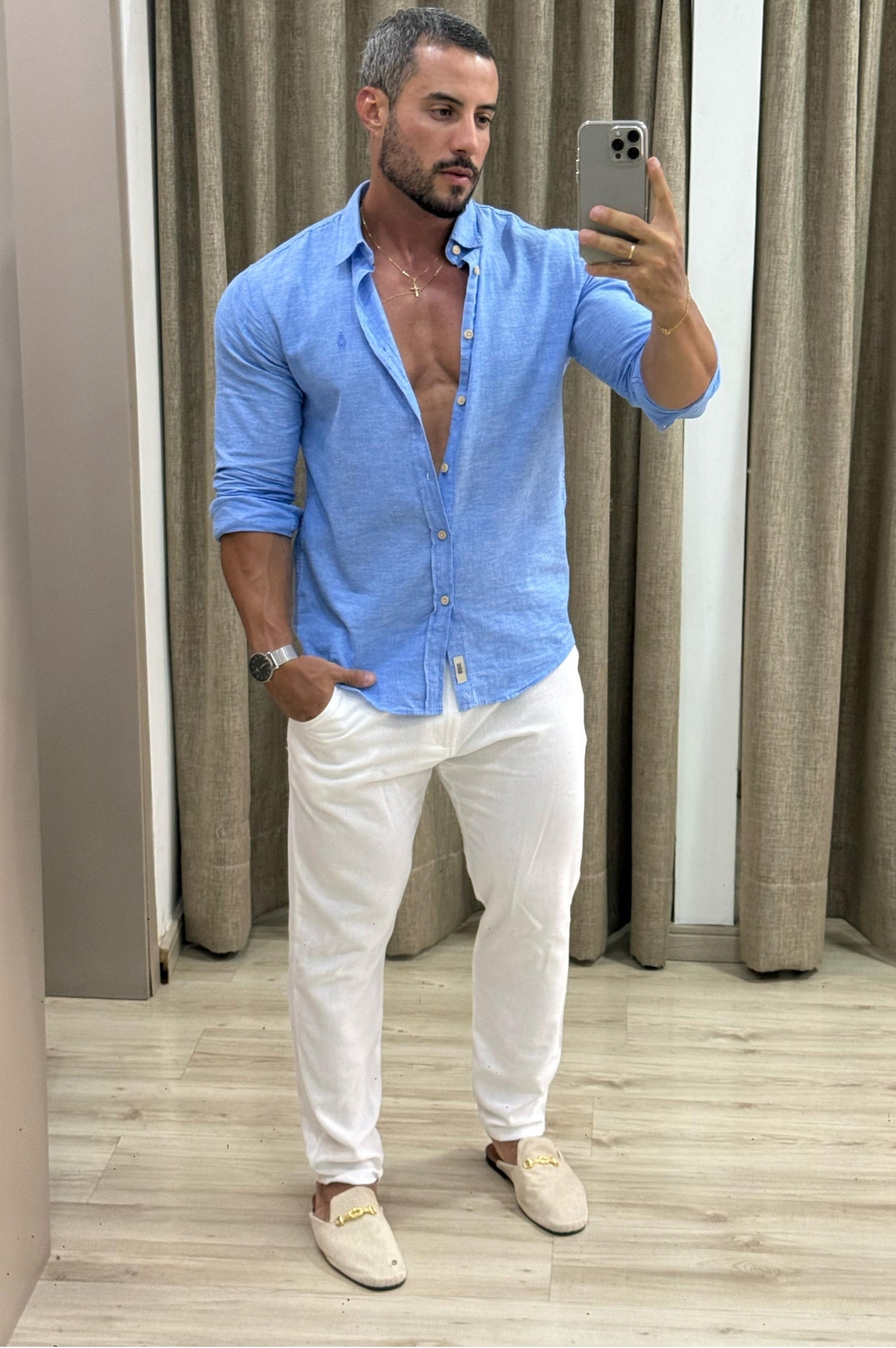 Camisa 100% Puro Linho Azul Claro Manga Longa - Up