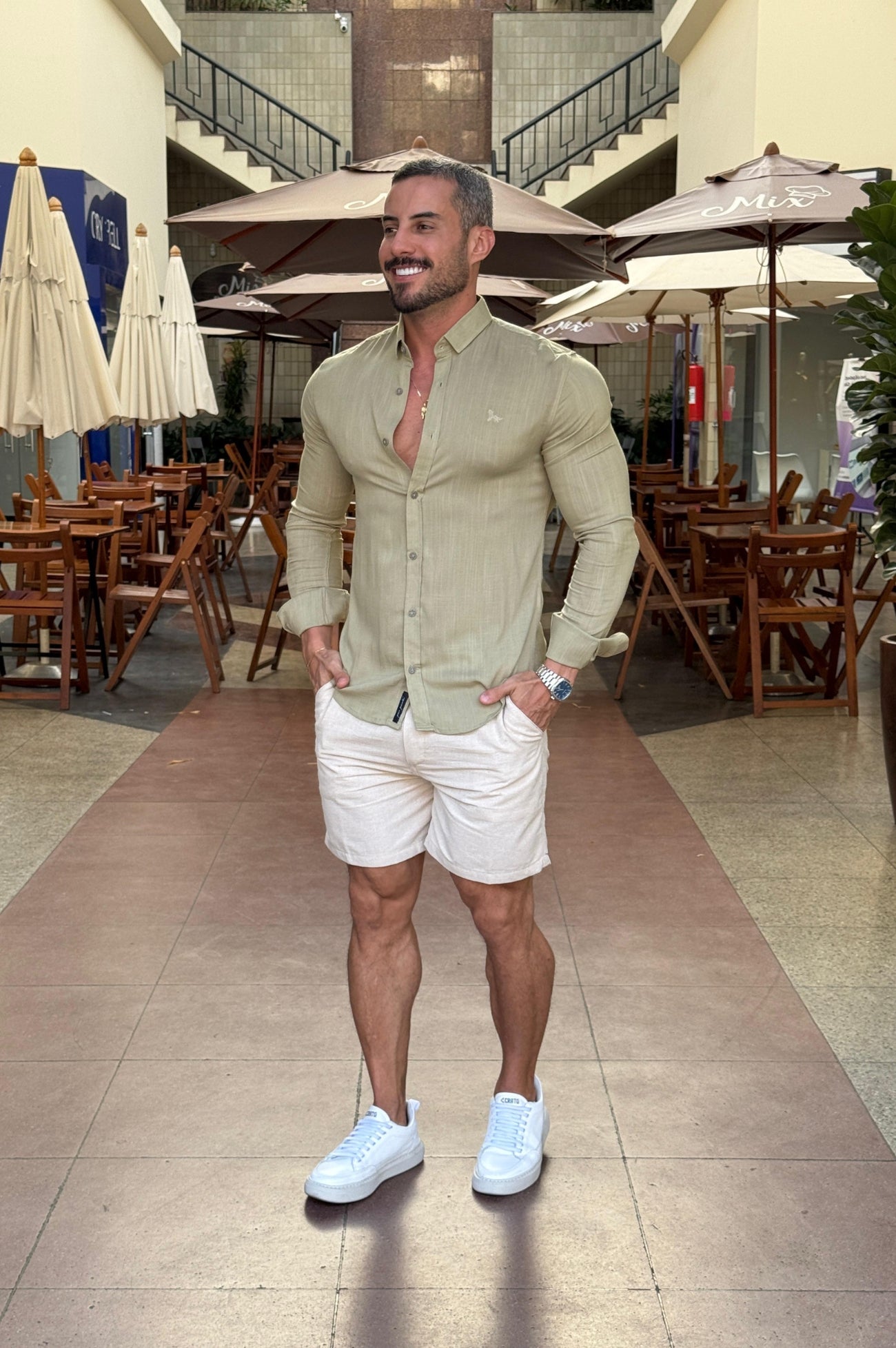 Camisa Resort Slim Fit Gola Italiana Elastano Manga Longa - Up