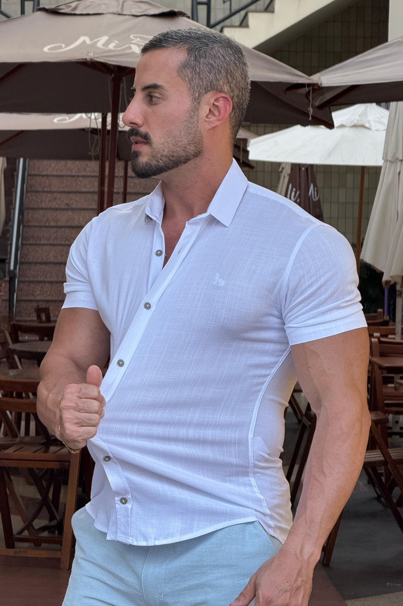 Camisa Resort Slim Fit Gola Italiana Elastano Manga Curta - Up