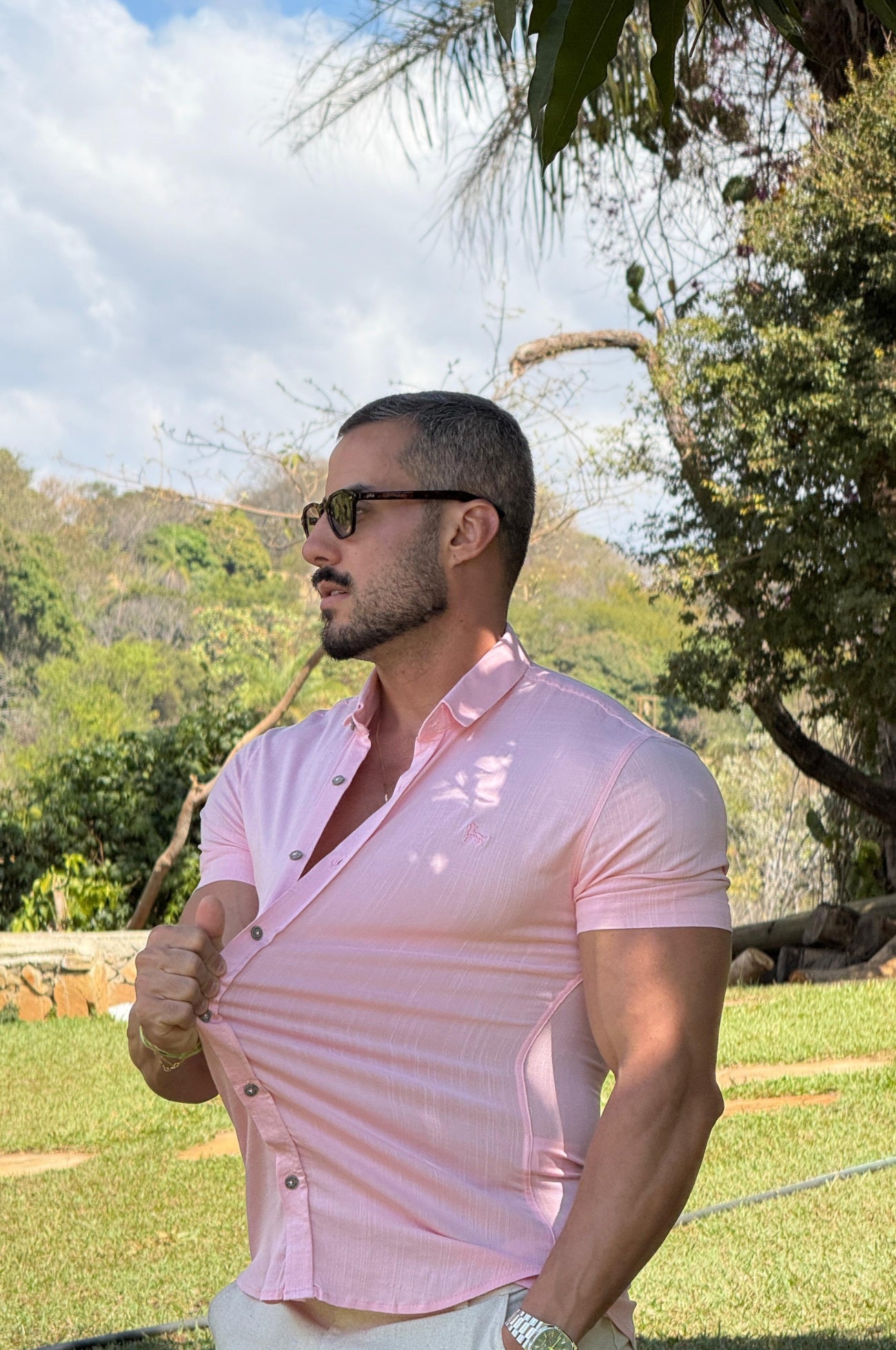 Camisa Resort Slim Fit Gola Italiana Elastano Manga Curta - Up