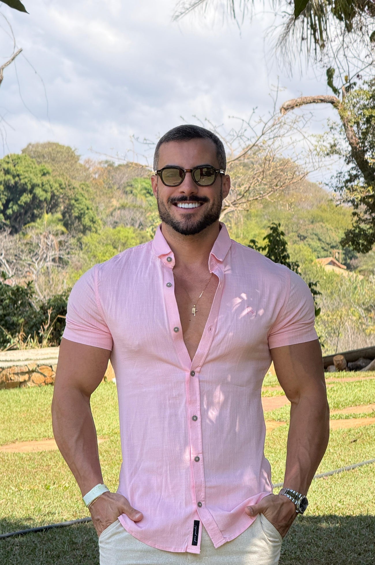Camisa Resort Slim Fit Gola Italiana Elastano Manga Curta - Up