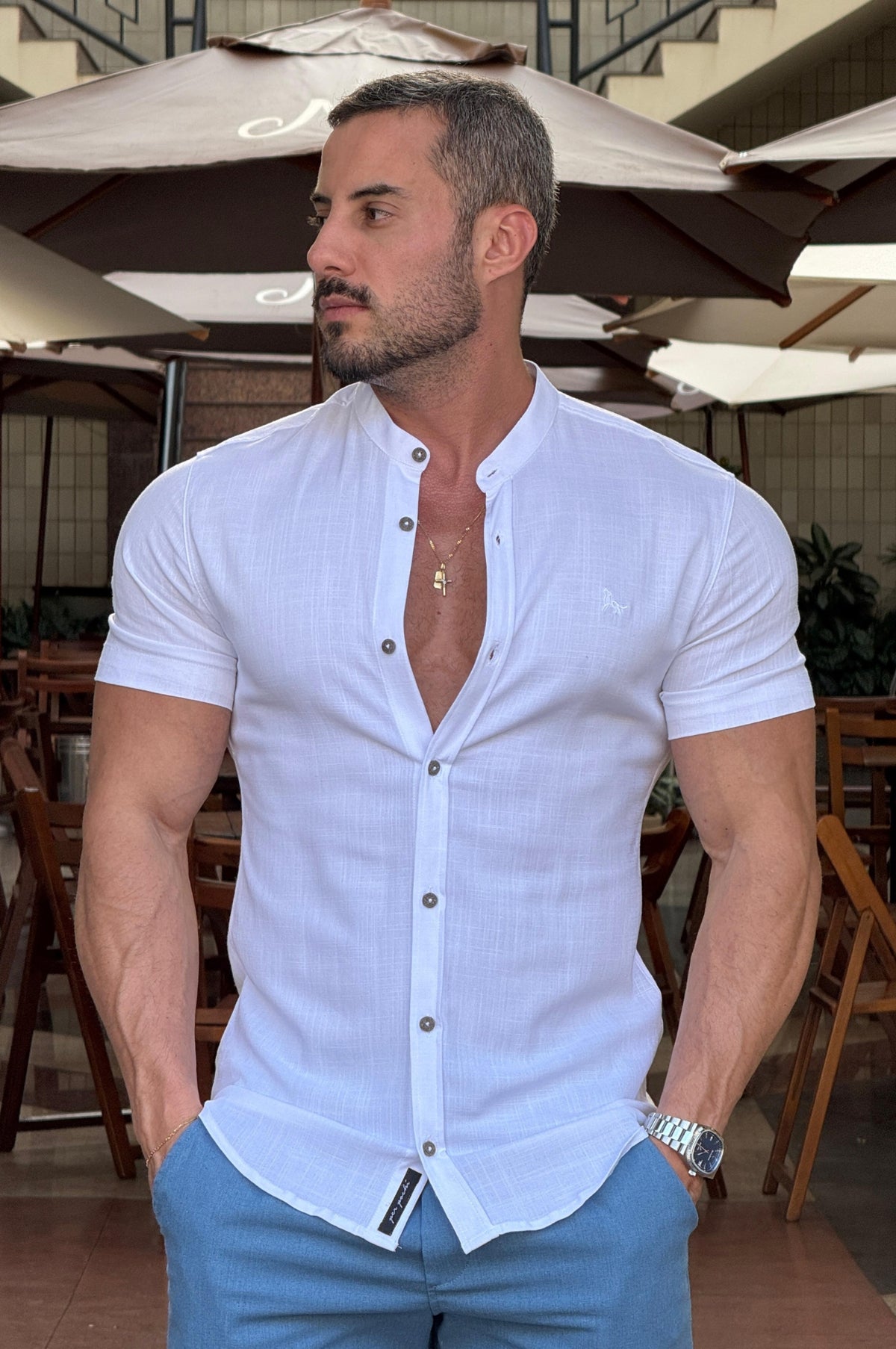 Camisa Resort Gola Padre Slim Fit Elastano Manga Curta - Up