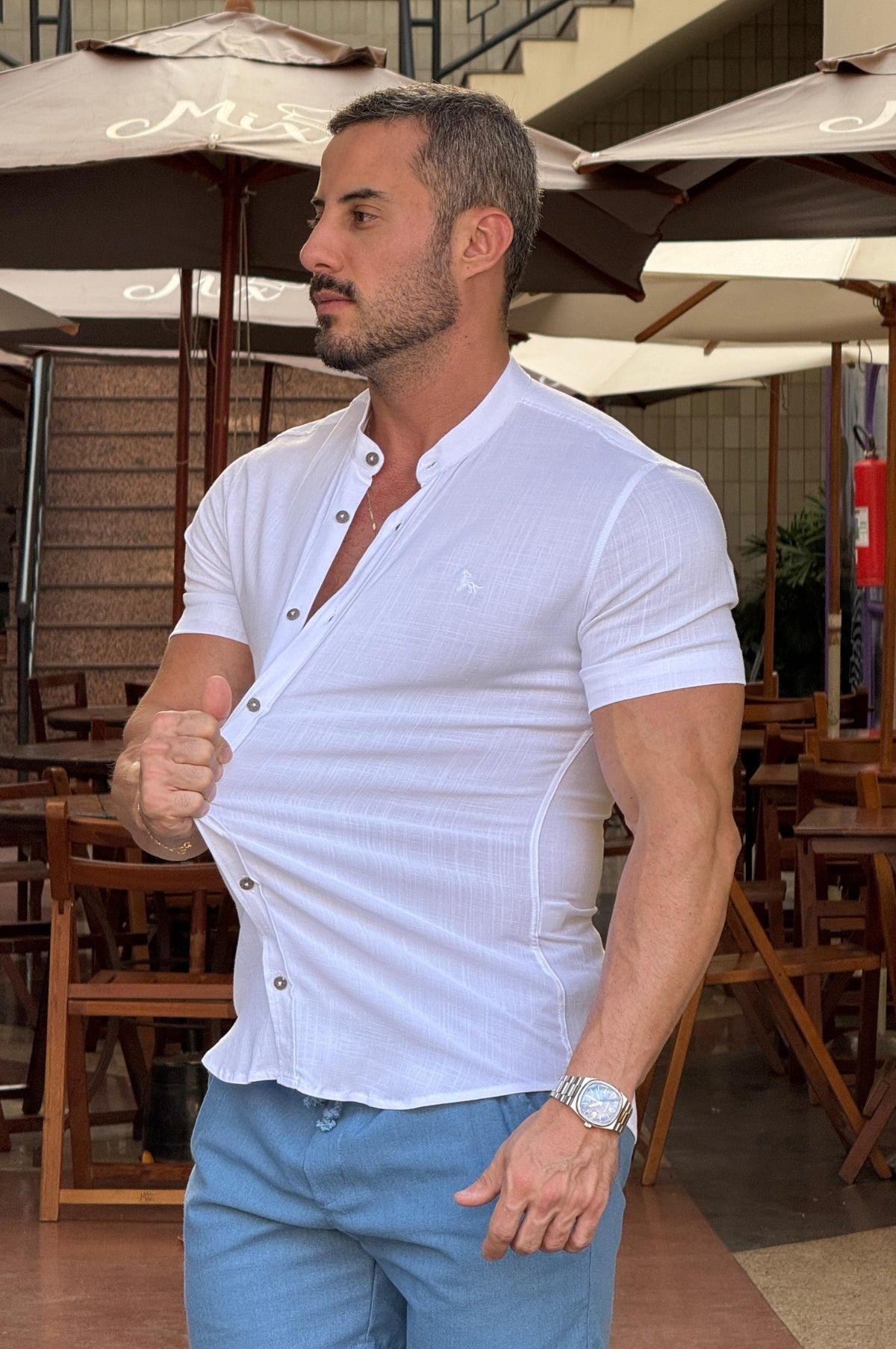 Camisa Resort Gola Padre Slim Fit Elastano Manga Curta - Up