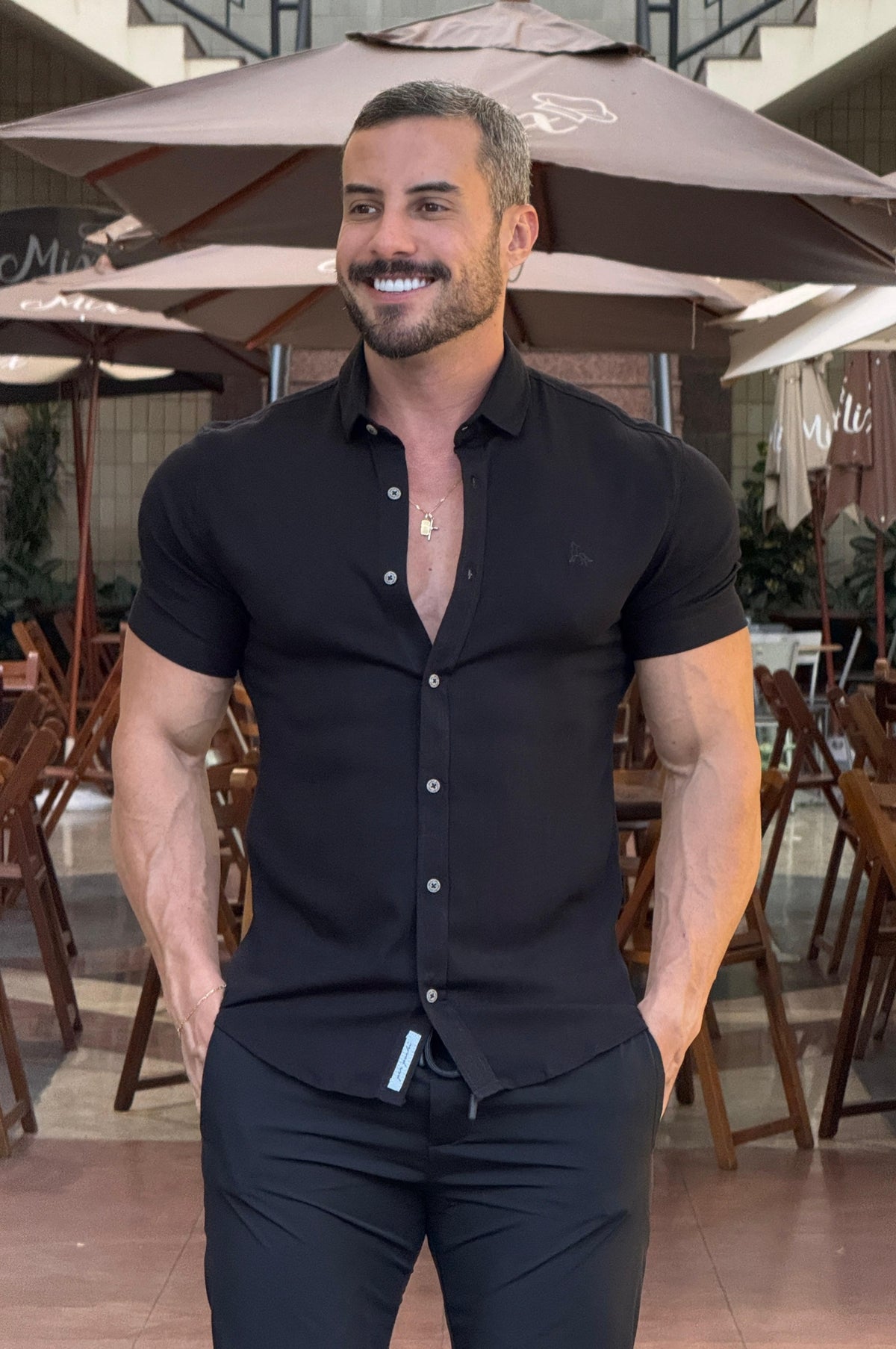Camisa Resort Slim Fit Gola Italiana Elastano Manga Curta - Up