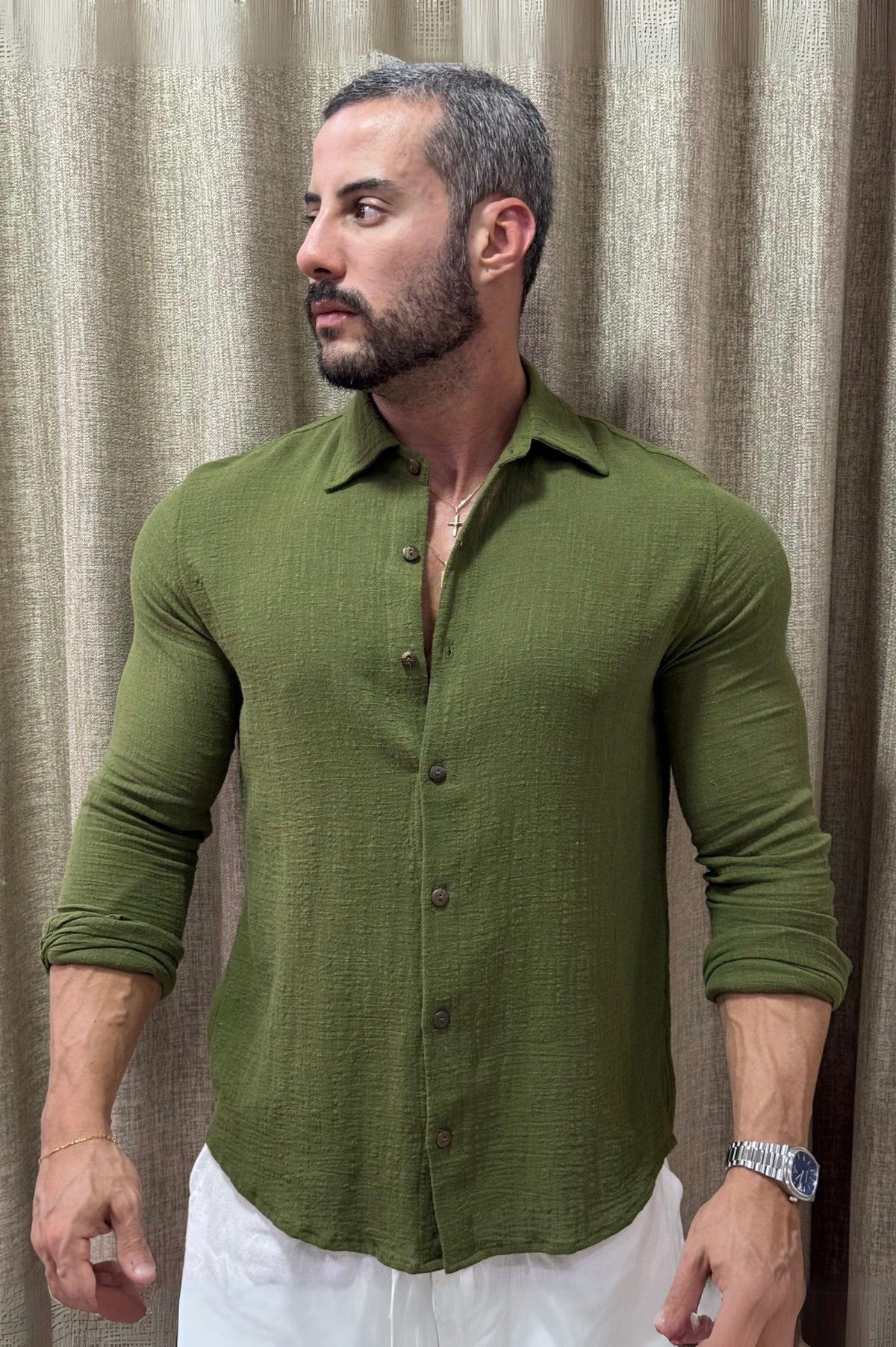 Camisa Algodão Rústico Verde Militar Manga Longa - Up