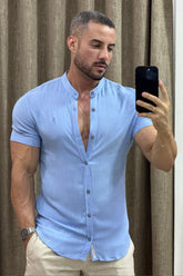 Camisa Resort Gola Padre Azul Claro Slim Fit Elastano Manga Curta - Up