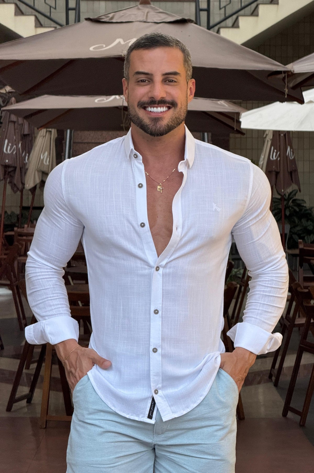 Camisa Resort Slim Fit Gola Italiana Elastano Manga Longa - Up