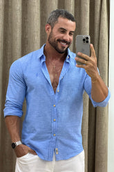 Camisa 100% Puro Linho Azul Claro Manga Longa - Up