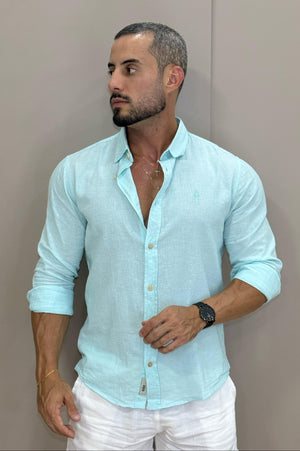 Camisa 100% Puro Linho Azul Piscina Manga Longa - Up