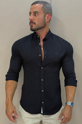 Camisa Resort Preto Slim Fit Gola Italiana Elastano Manga Longa - Up