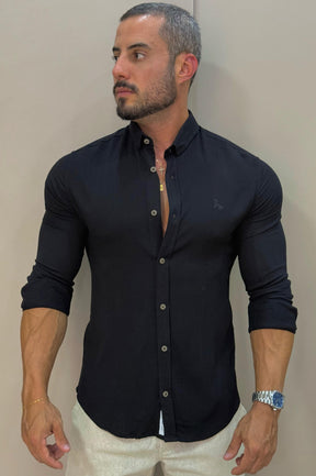 Camisa Resort Preto Slim Fit Gola Italiana Elastano Manga Longa - Up