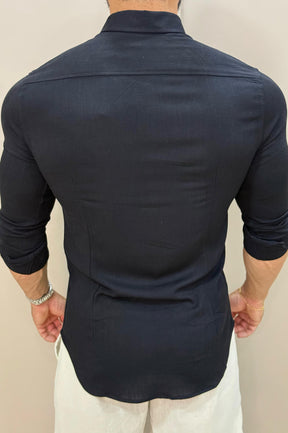 Camisa Resort Preto Slim Fit Gola Italiana Elastano Manga Longa - Up