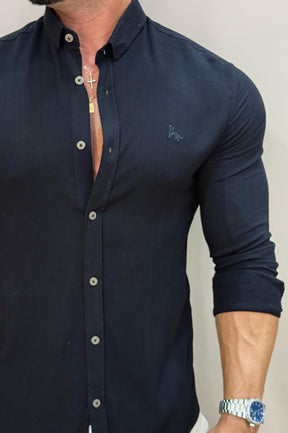 Camisa Resort Preto Slim Fit Gola Italiana Elastano Manga Longa - Up