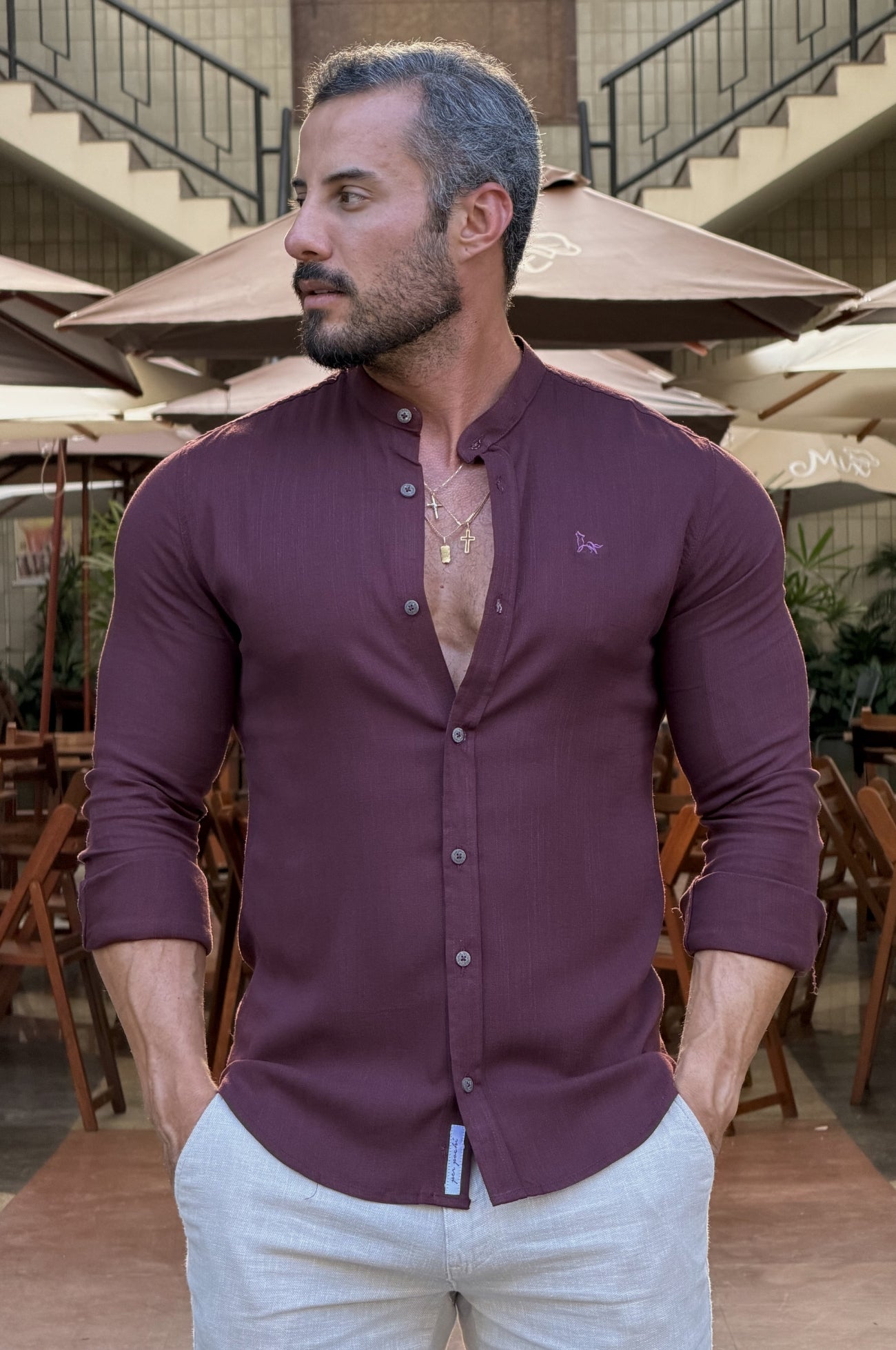 Camisa Resort Slim Fit Gola Padre Elastano Manga Longa - Up