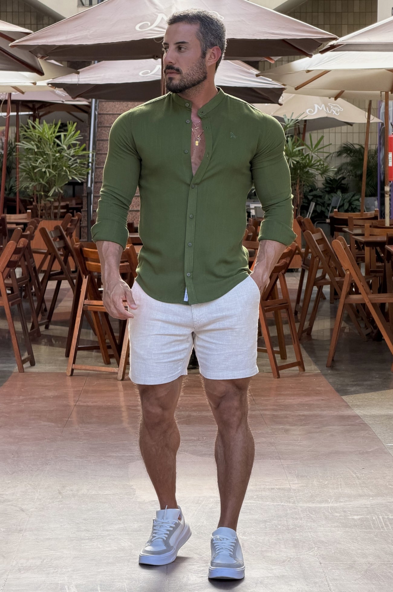 Camisa Resort Slim Fit Gola Padre Elastano Manga Longa - Up
