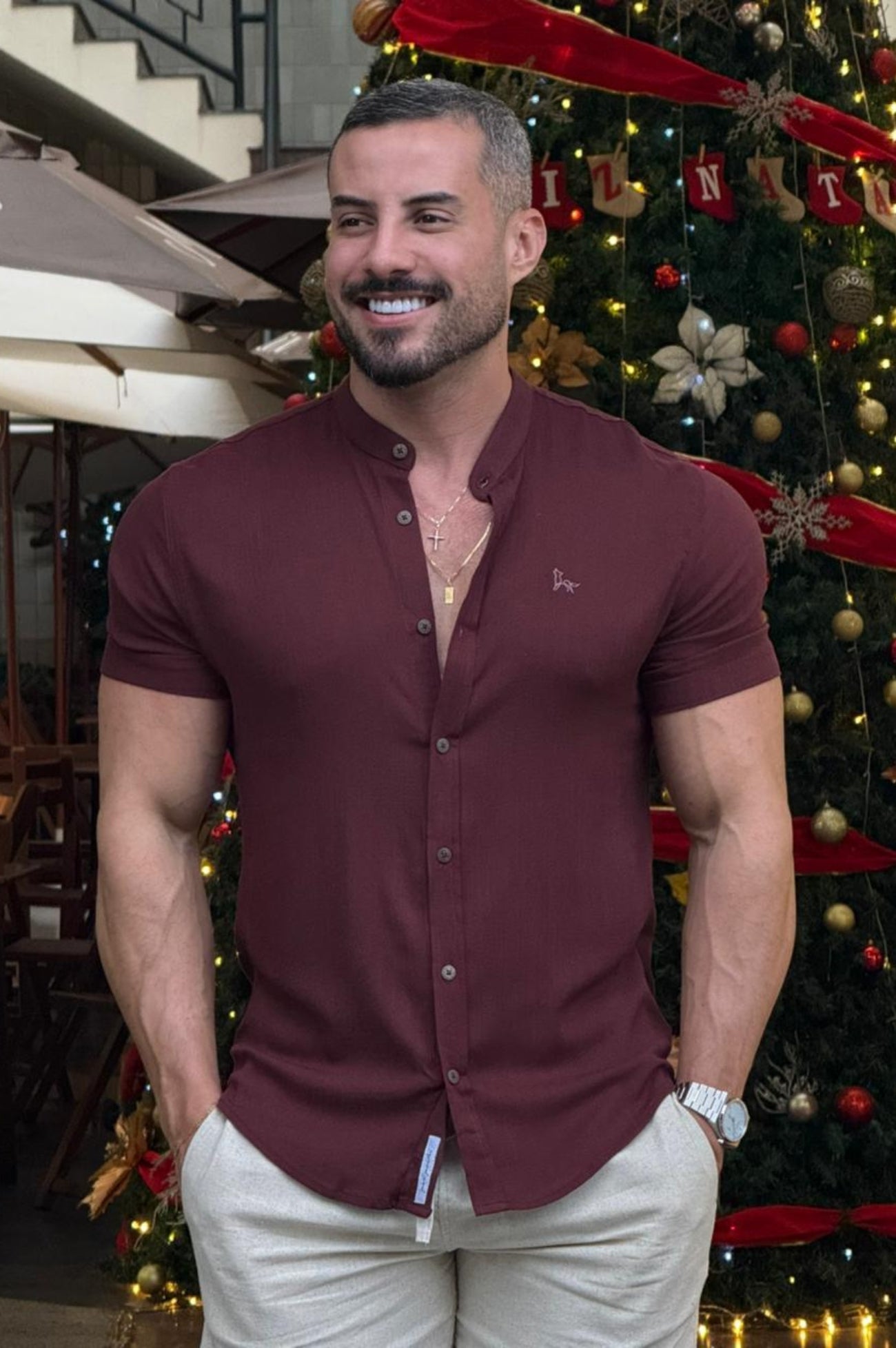 Camisa Resort Gola Padre Slim Fit Elastano Manga Curta - Up