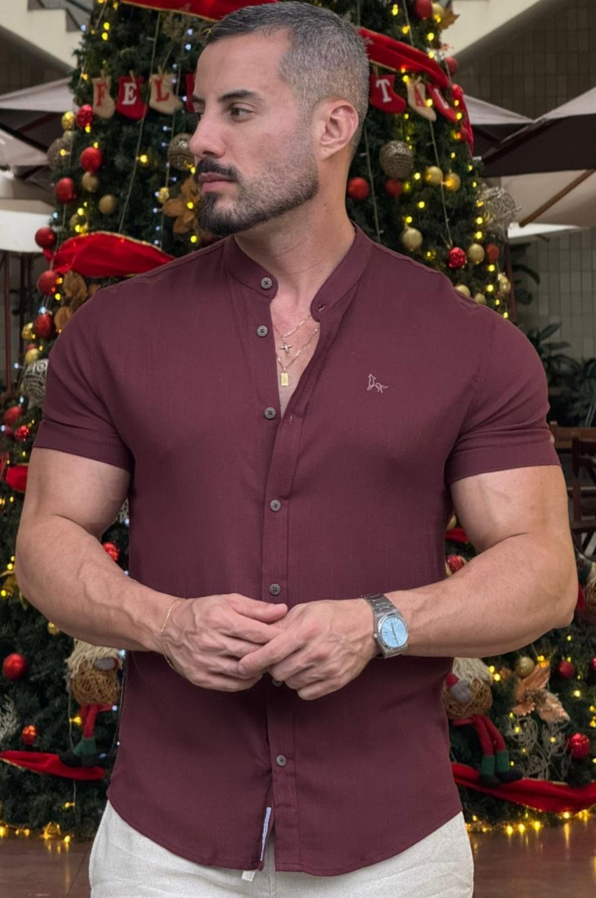 Camisa Resort Gola Padre Slim Fit Elastano Manga Curta - Up