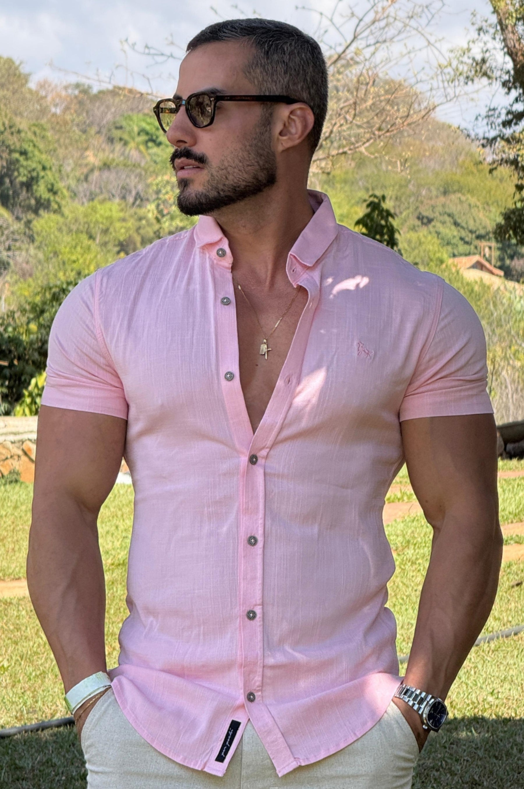 Camisa Resort Slim Fit Gola Italiana Elastano Manga Curta - Up