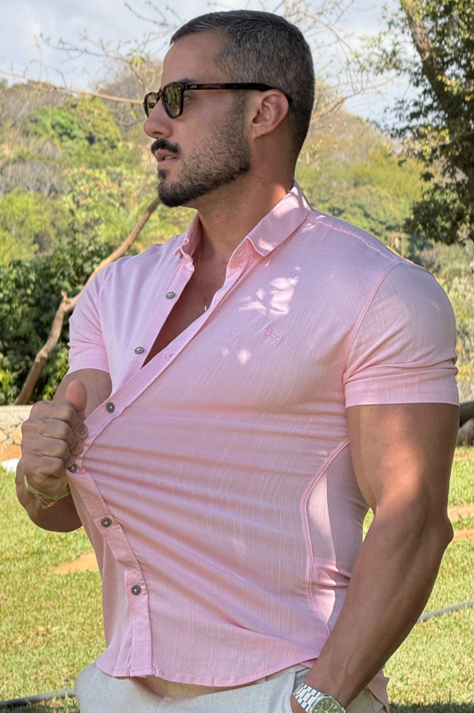 Camisa Resort Slim Fit Gola Italiana Elastano Manga Curta - Up