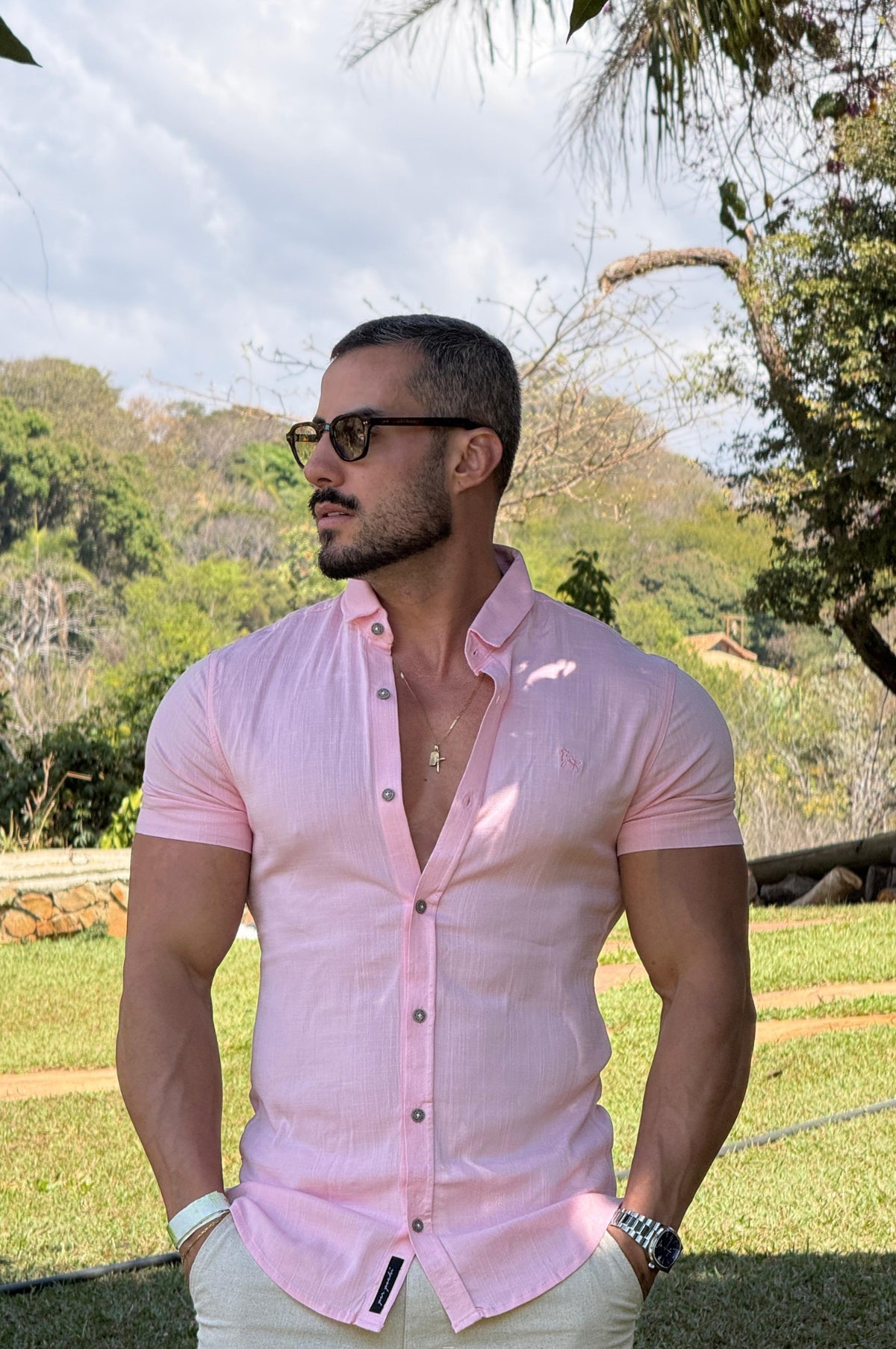 Camisa Resort Slim Fit Gola Italiana Elastano Manga Curta - Up